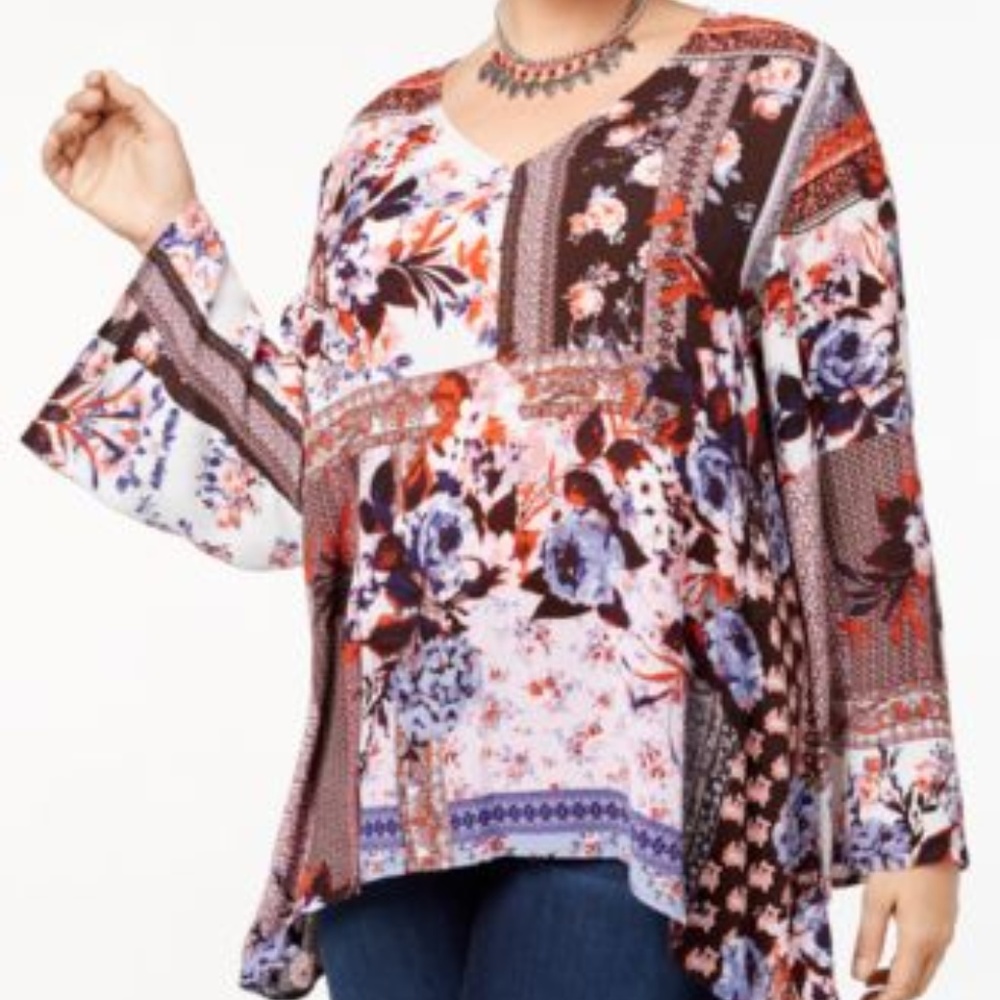 Style Co Mixed-Print Bell-Sleeve Floral Blouse